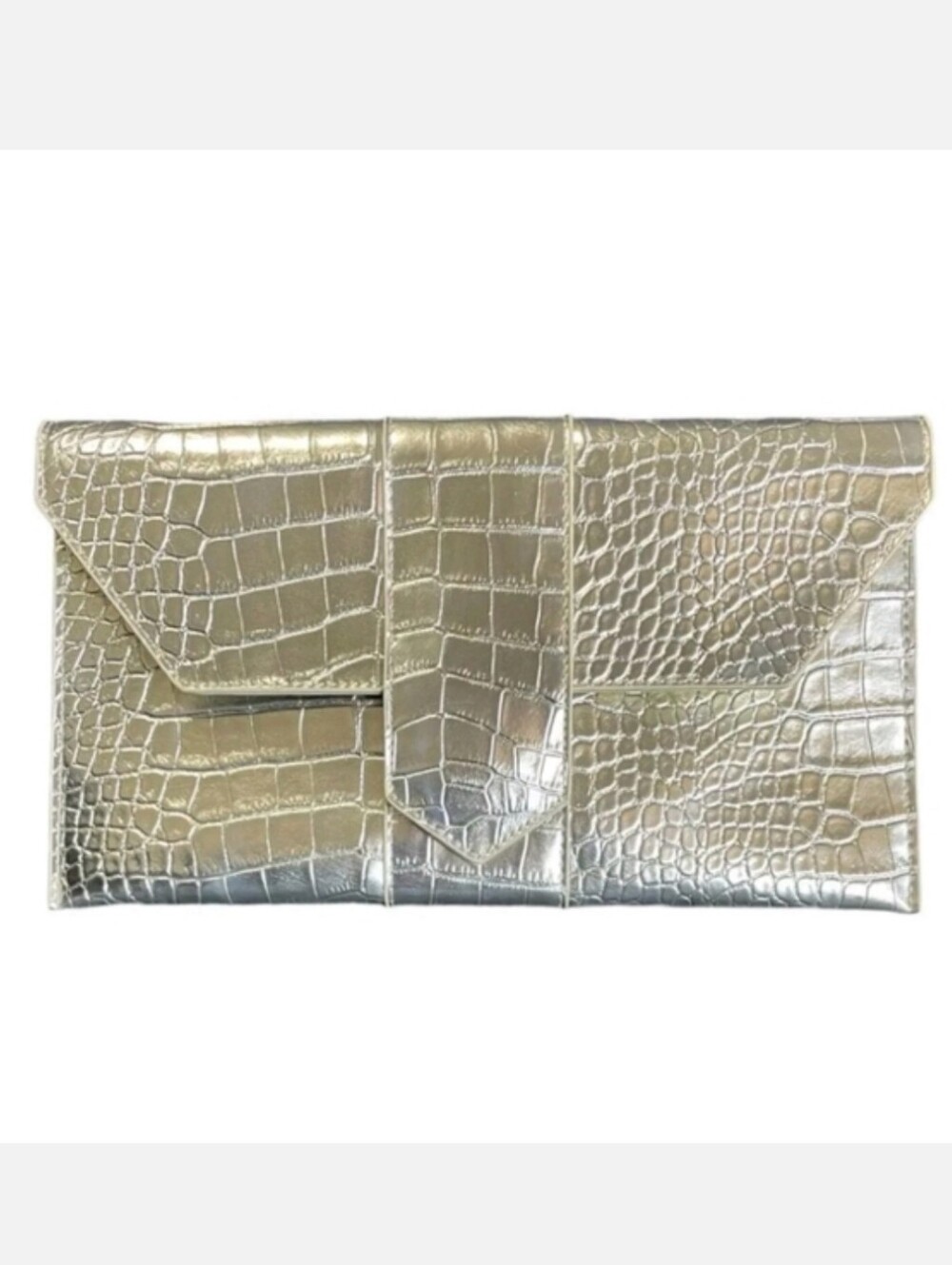 JJ Winters Nikki Oversized Clutch Handbag Vegan Faux Croc Purse Platinum
